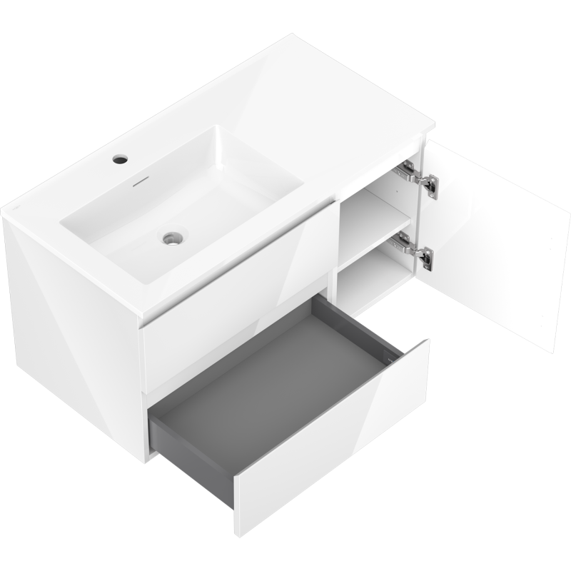 Mexen Orio fürdőszobai szekrény 90 cm Otis baloldali mosdóval, 2S, 1D, fényes fehér - 91A13-09047-3-BBFFF00-W18L00