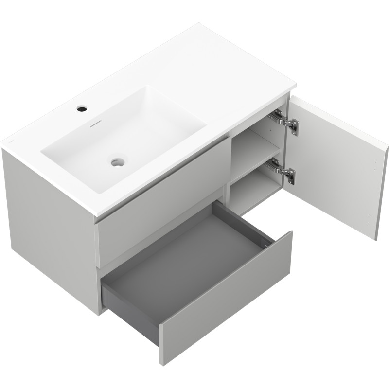Mexen Orio dulap de baie 90 cm cu lavoar Otis pe stânga, 2 sertare, 1 ușă, gri mat/alb mat - 91A13-09047-3-BBFFF62-W18L01