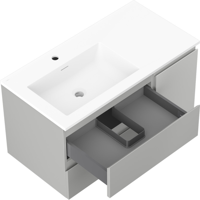 Mexen Orio dulap de baie 90 cm cu lavoar Otis pe stânga, 2 sertare, 1 ușă, gri mat/alb mat - 91A13-09047-3-BBFFF62-W18L01