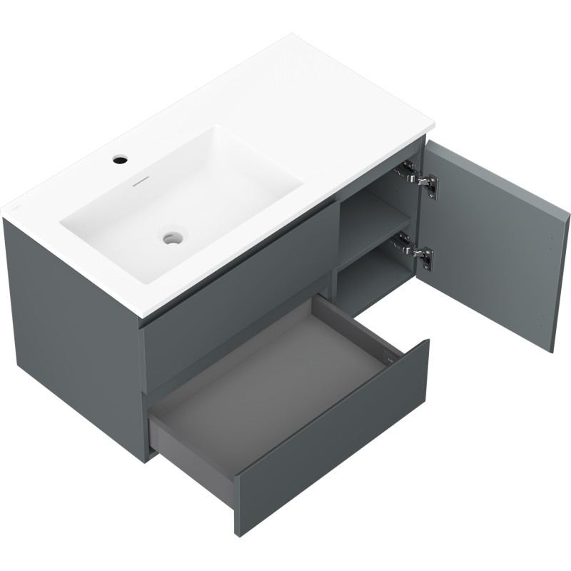 Mexen Orio fürdőszobaszekrény 90 cm Otis balos mosdóval, 2S, 1D, grafit matt/fehér matt - 91A13-09047-3-BBFFF66-W18L01