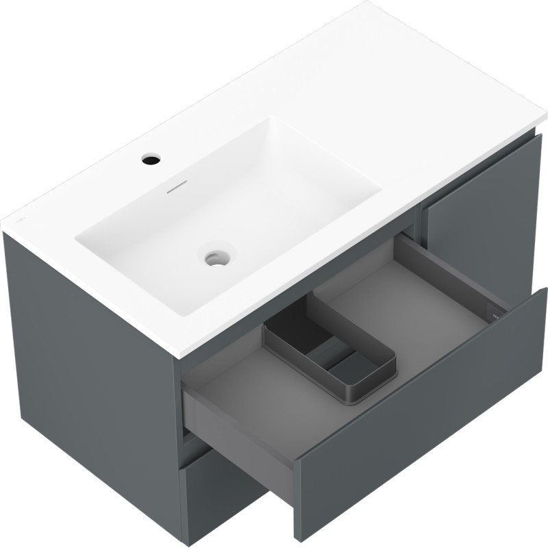 Mexen Orio 90 cm-es fürdőszobai szekrény Otis balos mosdóval, 2 fiókkal, 1 ajtóval, grafit matt/fehér matt