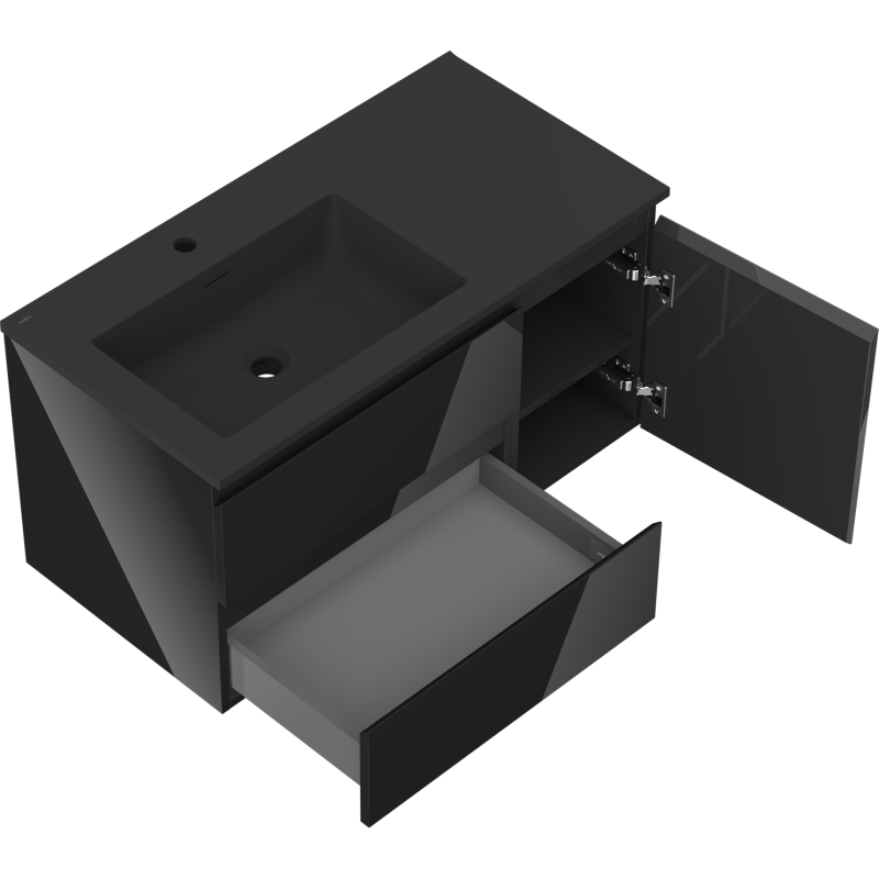 Mexen Orio 90 cm-es fürdőszobaszekrény Otis baloldali mosdóval, 2S, 1D, fekete fényes/matt fekete - 91A13-09047-3-BBFFF70-W18L71