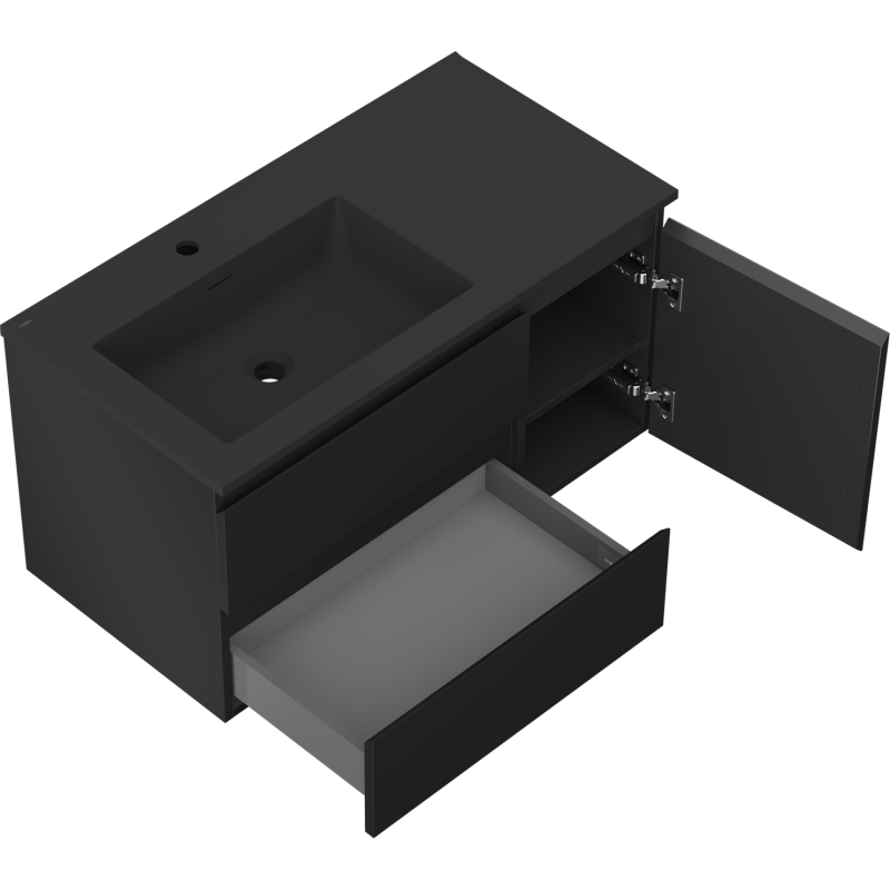 Mexen Orio 90 cm-es fürdőszobai szekrény Otis balos mosdóval, 2S, 1D, fekete matt - 91A13-09047-3-BBFFF71-W18L71
