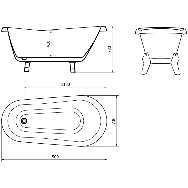 Mexen Retro cadă de sine stătătoare 150 x 73 cm, albă, picioare crom - 53251507300-00