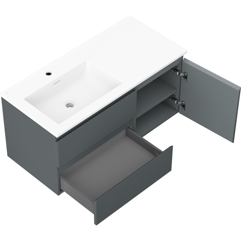Mexen Orio Otis 100 cm-es fürdőszobaszekrény mosdóval bal oldali, 2S, 1D, grafit matt/fehér matt - 91A13-10047-3-BBFFF66-W18L01