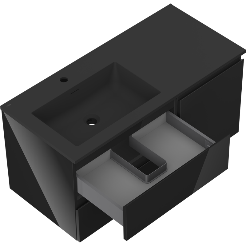 Mexen Orio 100 cm-es fürdőszobaszekrény bal oldali Otis mosdóval, 2S, 1D, fekete fényes/fekete matt