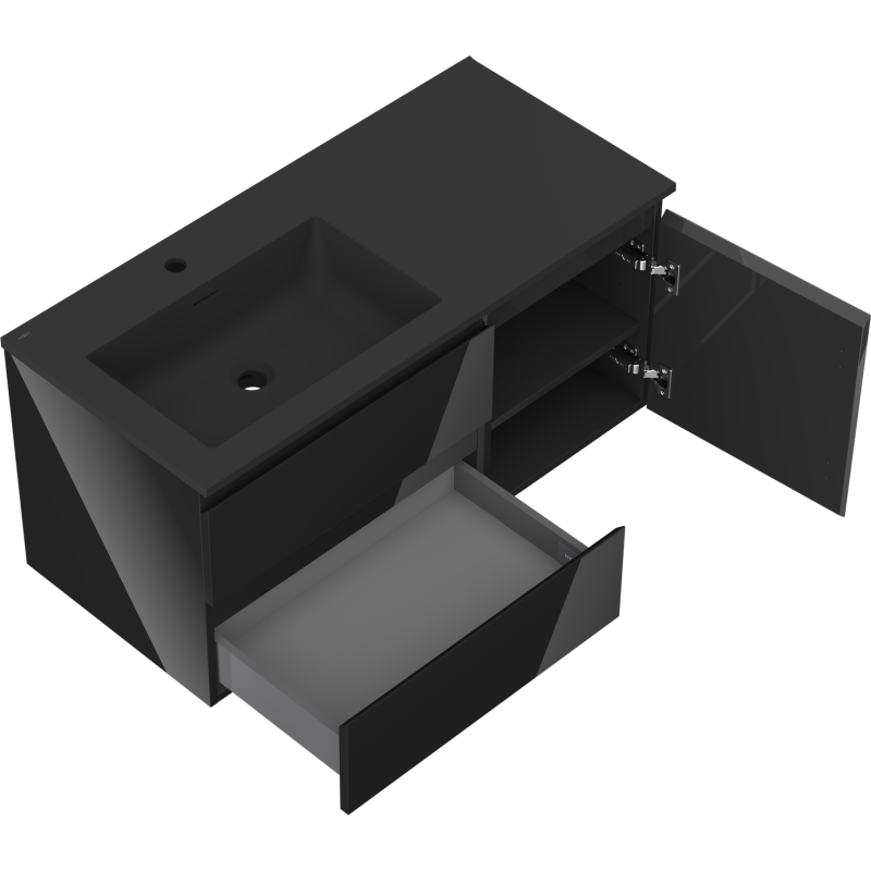 Mexen Orio 100 cm-es fürdőszobaszekrény bal oldali Otis mosdóval, 2S, 1D, fekete fényes/fekete matt