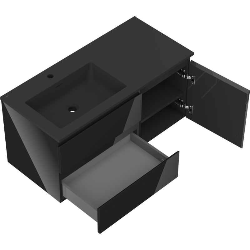 Mexen Orio dulap pentru baie 100 cm cu lavoar Otis stânga, 2S, 1D, negru lucios/negru mat - 91A13-10047-3-BBFFF70-W18L71