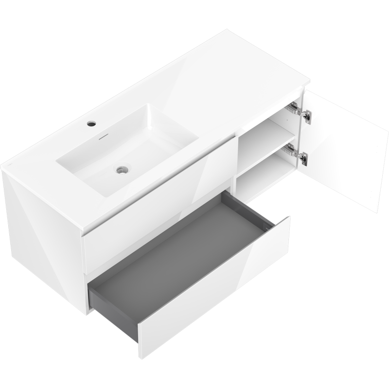 Mexen Orio fürdőszobaszekrény 120 cm Otis bal oldali mosdóval, 2S, 1D, fehér fényes - 91A13-12047-3-BBFFF00-W18L00