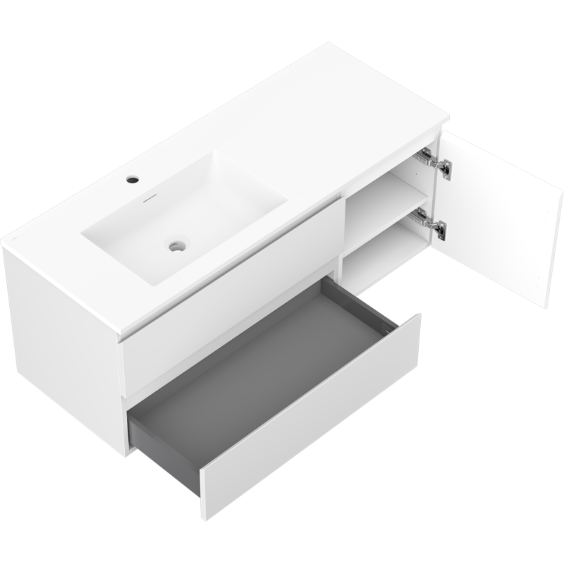 Mexen Orio 120 cm-es fürdőszobaszekrény Otis bal mosdókagylóval, 2S, 1D, fehér matt - 91A13-12047-3-BBFFF01-W18L01