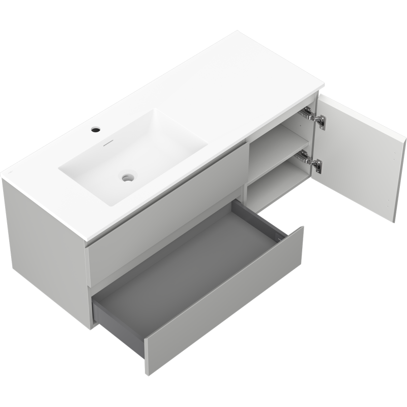 Mexen Orio 120 cm-es fürdőszobaszekrény Otis bal oldali mosdóval, 2S, 1D, szürke matt/fehér matt