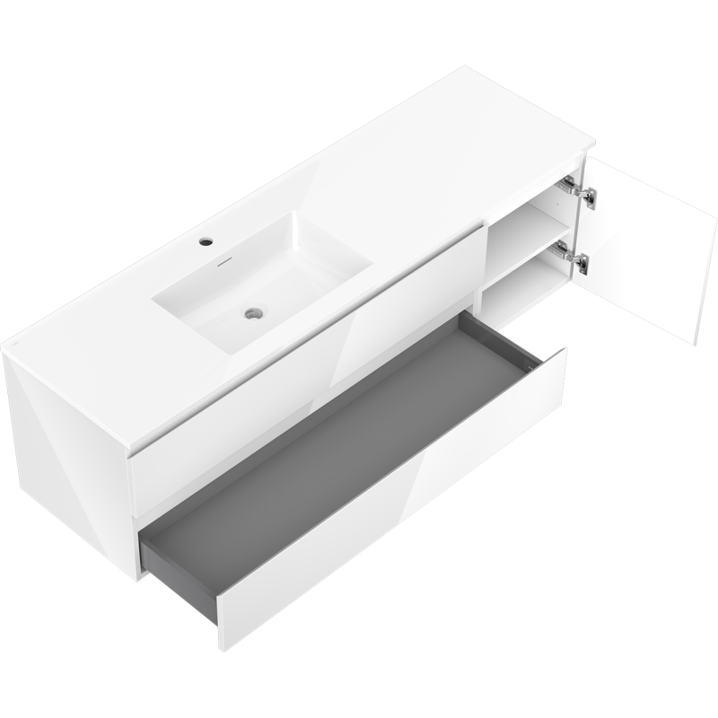 Mexen Orio 160 cm-es fürdőszobai szekrény Otis baloldali mosdóval, 2S, 1D, fényes fehér - 91A13-16047-3-BBFFF00-W18L00
