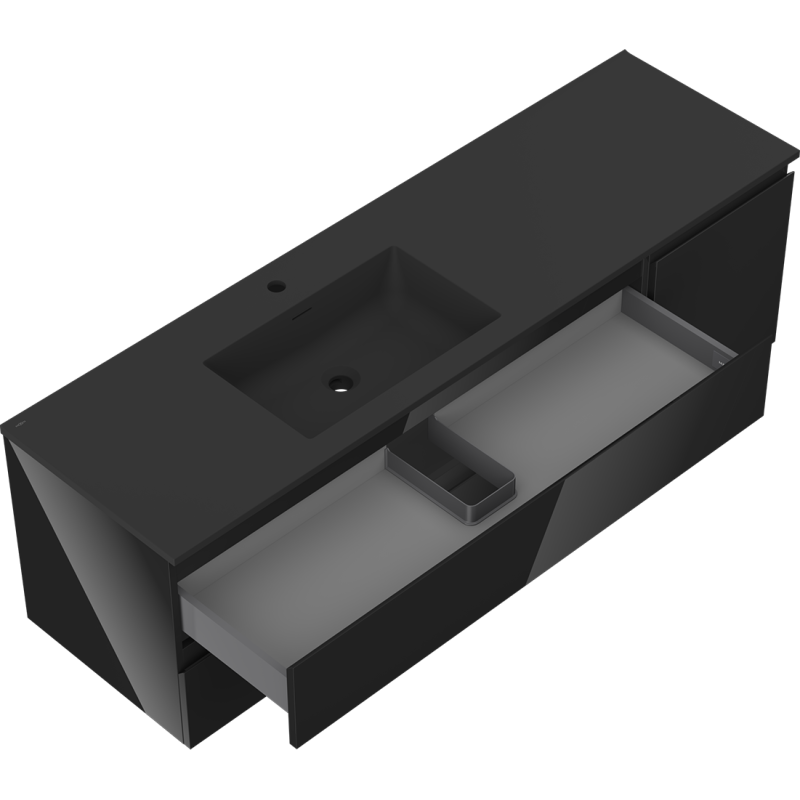 Mexen Orio Otis 160 cm-es bal oldali fürdőszobaszekrény mosdóval, 2S, 1D, fekete fényes/fekete matt