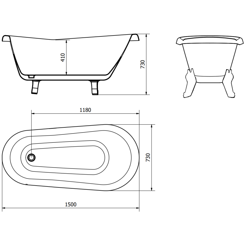 Mexen Retro cadă de sine stătătoare 150 x 73 cm, albă, picioare aurii - 53251507300-50