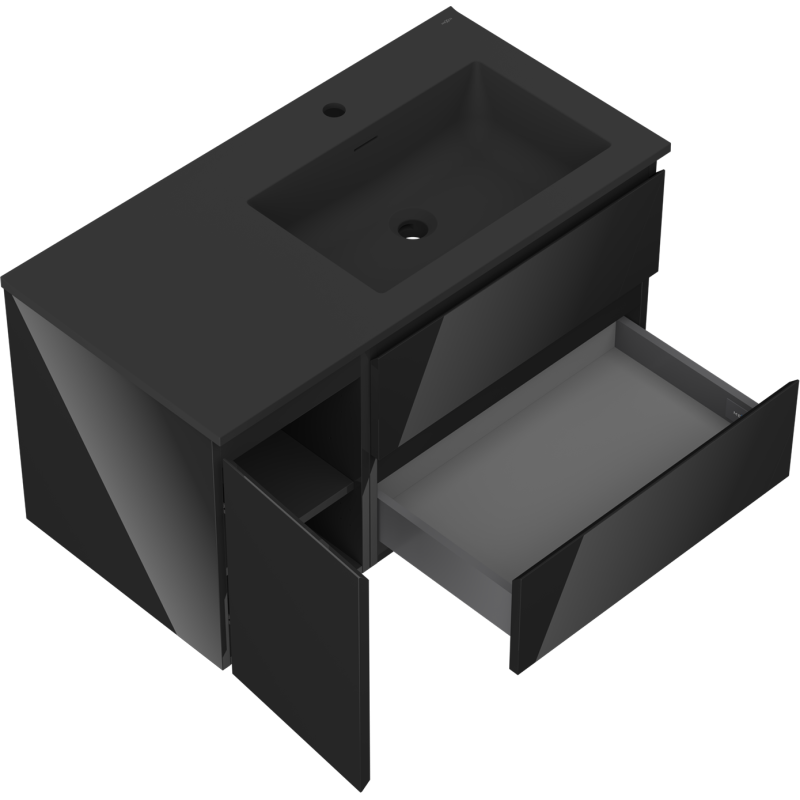 Mexen Orio 90 cm-es fürdőszobai szekrény jobbos mosdóval Otis, 2S, 1D, fekete fényes/fekete matt - 91A13-09047-3-BBFFF70-W18P71