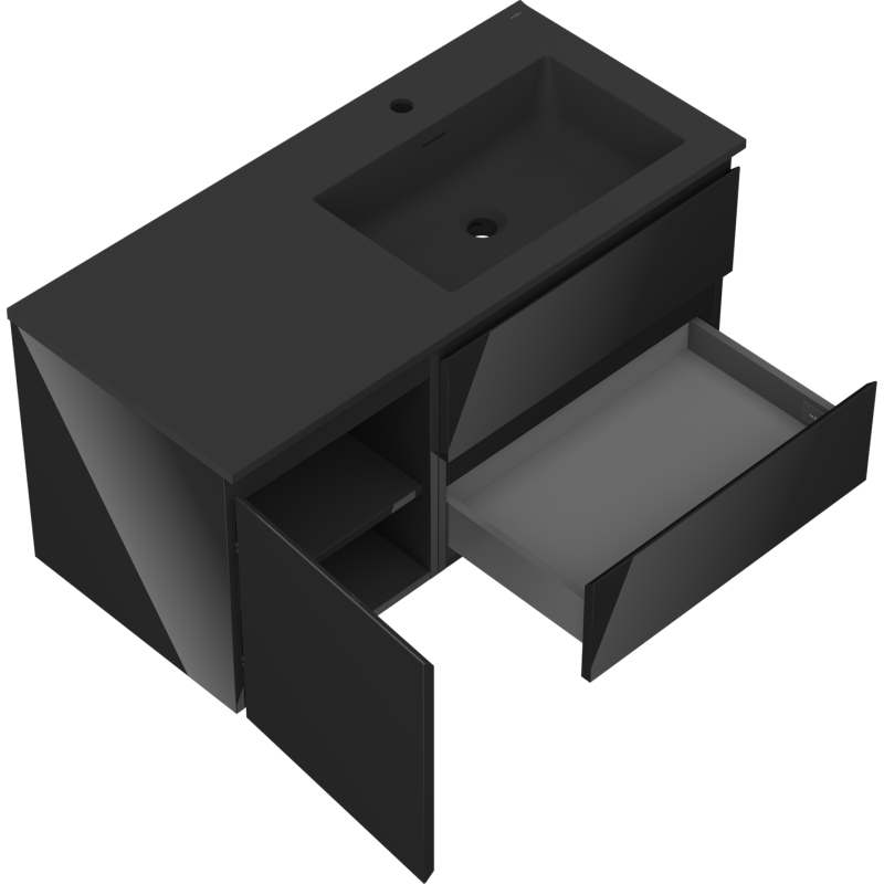 Mexen Orio 100 cm-es Otis fürdőszobaszekrény mosdóval jobb, 2S, 1D, fekete fényes/fekete matt - 91A13-10047-3-BBFFF70-W18P71