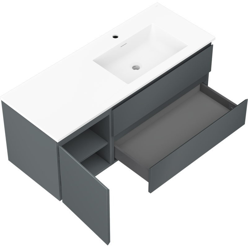 Mexen Orio 120 cm-es fürdőszobaszekrény Otis jobboldali mosdóval, 2S, 1D, grafit matt/fehér matt - 91A13-12047-3-BBFFF66-W18P01
