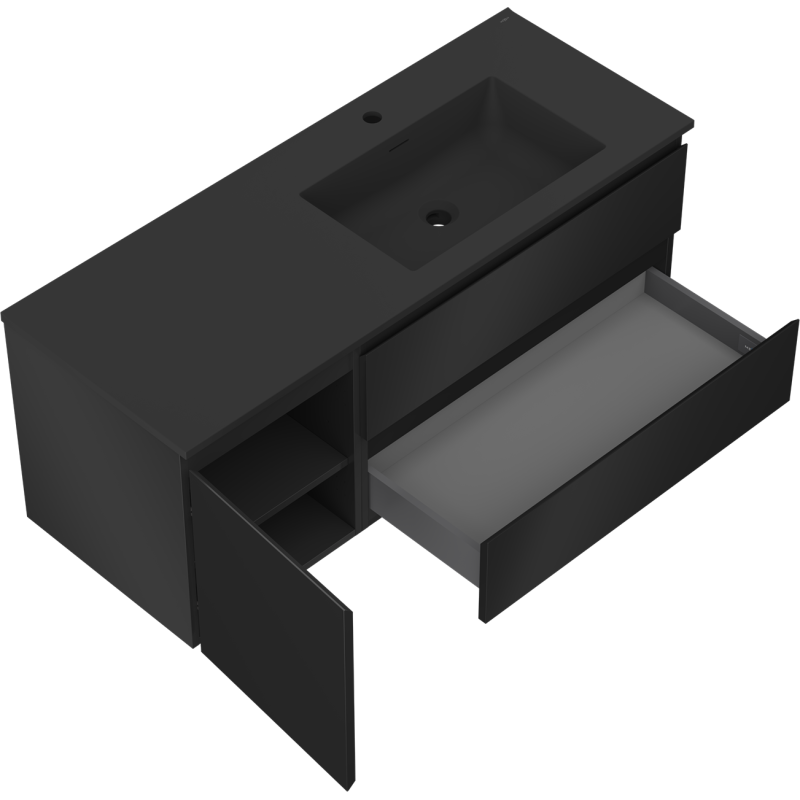 Mexen Orio 120 cm-es fürdőszobaszekrény Otis jobb oldali mosdóval, 2S, 1D, fekete matt - 91A13-12047-3-BBFFF71-W18P71