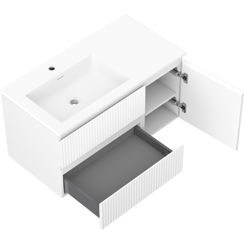 Mexen Rivel Otis bal oldali, 2S, 1A, bordázott, fehér matt 90 cm-es fürdőszobai szekrény mosdóval - 91A23-09047-3-BBFFF01-W18L01
