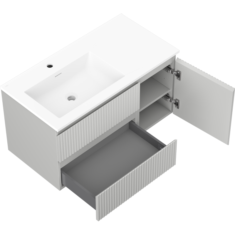 Mexen Rivel 90 cm-es fürdőszobai szekrény Otis mosdókagylóval balos, 2S, 1D, barázdált, szürke matt/fehér matt