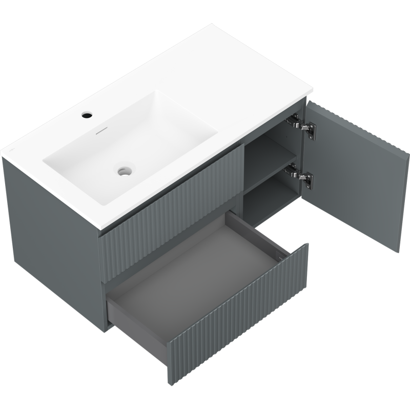 Mexen Rivel dulap de baie 90 cm cu chiuvetă Otis stânga, 2S, 1D, canelat, grafit mat/alb mat - 91A23-09047-3-BBFFF66-W18L01