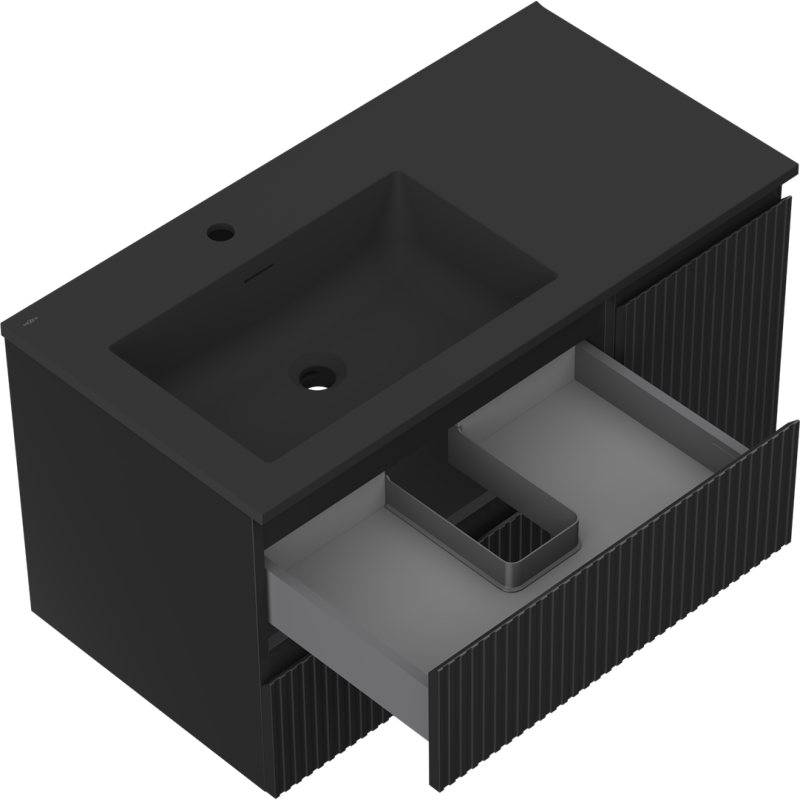 Mexen Rivel 90 cm-es fürdőszobaszekrény Otis balos mosdóval, 2S, 1D, bordázott, fekete matt - 91A23-09047-3-BBFFF71-W18L71