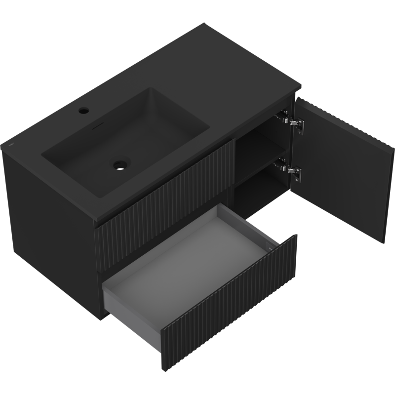 Mexen Rivel dulap de baie 90 cm cu lavoar Otis stânga, 2S, 1D, striat, negru mat - 91A23-09047-3-BBFFF71-W18L71