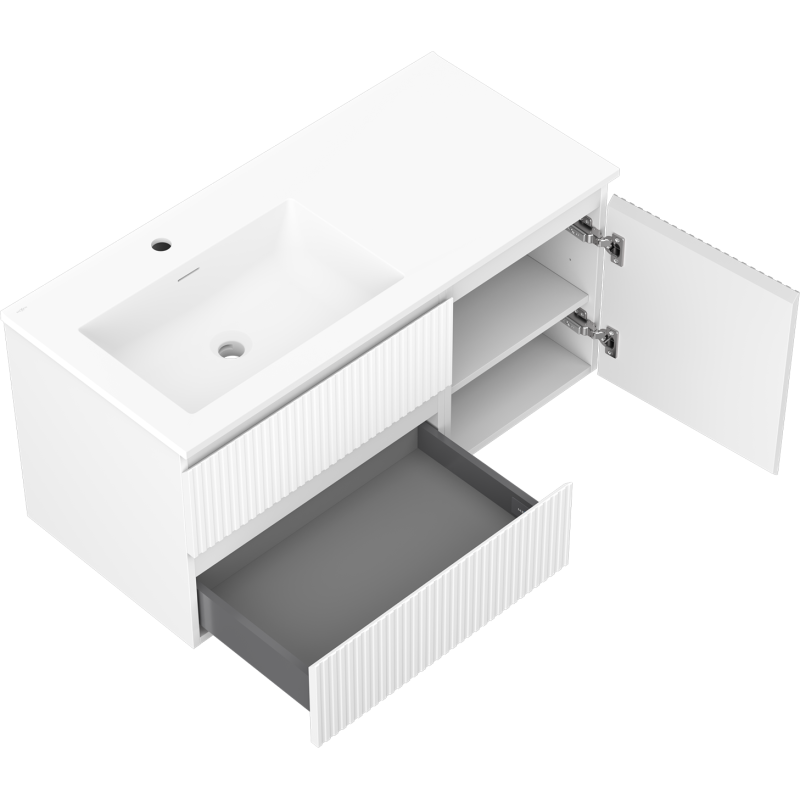 Mexen Rivel fürdőszobai szekrény 100 cm-es Otis mosdóval baloldali, 2S, 1D, bordázott, fehér matt - 91A23-10047-3-BBFFF01-W18L01