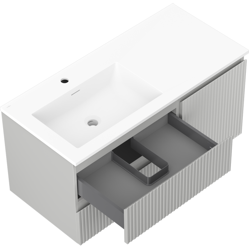 Mexen Rivel Otis 100 cm-es fürdőszobaszekrény mosdókagylóval, balos, 2S, 1D, bordázott, szürke matt/fehér matt