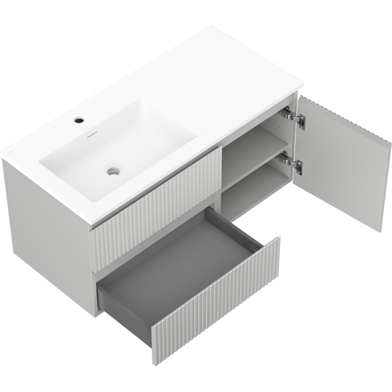 Mexen Rivel dulap baie 100 cm cu chiuvetă Otis pe stânga, 2 sertare, 1 ușă, structură profilată, gri mat/alb mat