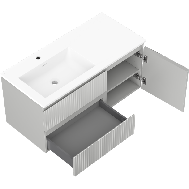 Mexen Rivel Otis 100 cm-es fürdőszobaszekrény mosdókagylóval, balos, 2S, 1D, bordázott, szürke matt/fehér matt
