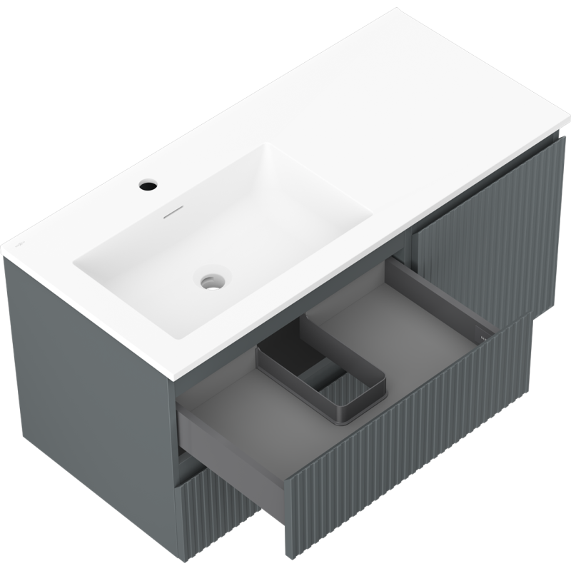 Mexen Rivel Otis 100 cm-es fürdőszobai szekrény mosdóval, bal oldali, 2 fiókos, 1 ajtós, barázdált, grafit-fehér matt