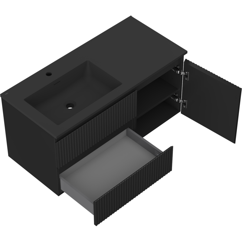 Mexen Rivel fürdőszobai szekrény 100 cm-es mosdóval Otis bal, 2S, 1D, bordázott, fekete matt - 91A23-10047-3-BBFFF71-W18L71