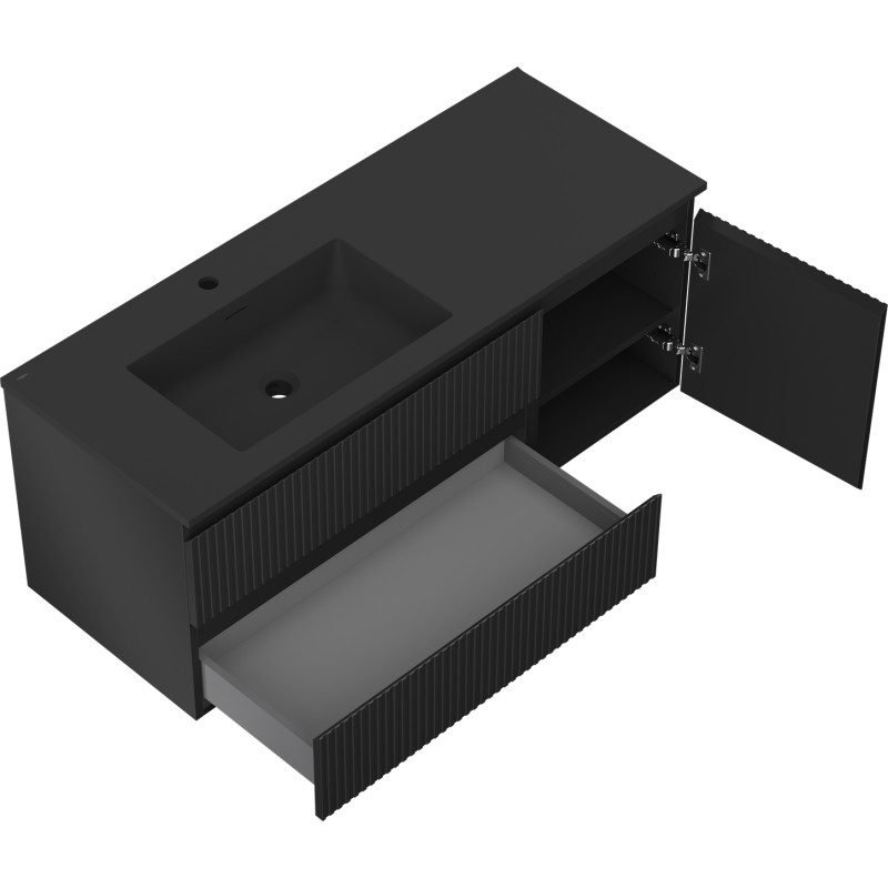 Mexen Rivel dulap de baie 120 cm cu chiuvetă Otis stânga, 2S, 1D, canelat, negru mat - 91A23-12047-3-BBFFF71-W18L71