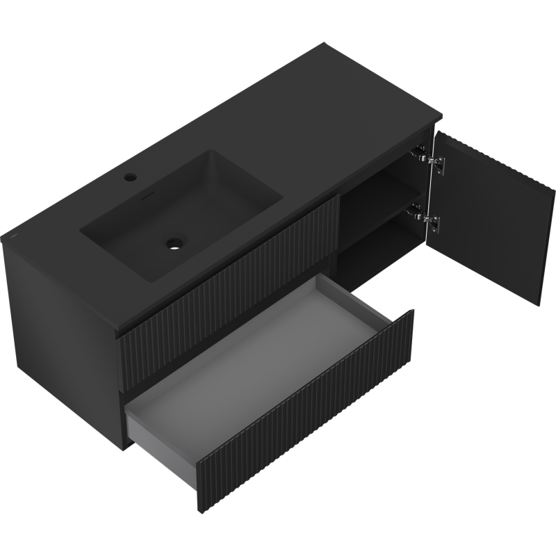 Mexen Rivel Otis 120 cm-es fürdőszobaszekrény bal oldali mosdóval, 2S, 1D, bordás, fekete matt
