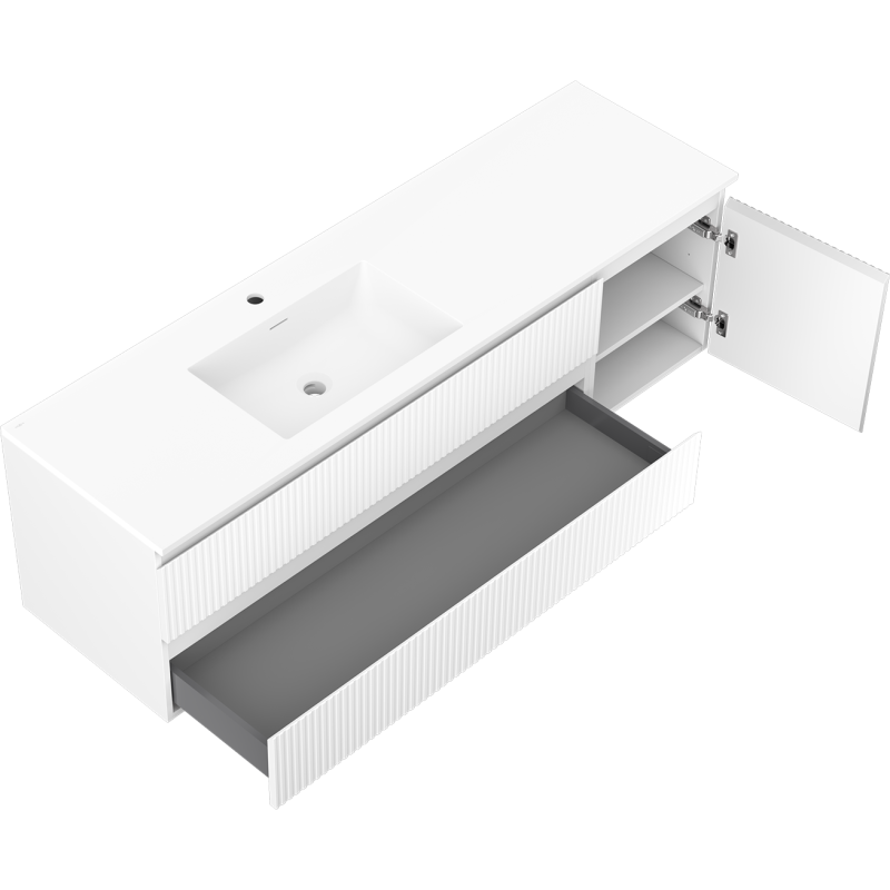 Mexen Rivel 160 cm-es fürdőszobai szekrény Otis bal, 2S, 1D, bordázott, fehér matt mosdóval - 91A23-16047-3-BBFFF01-W18L01