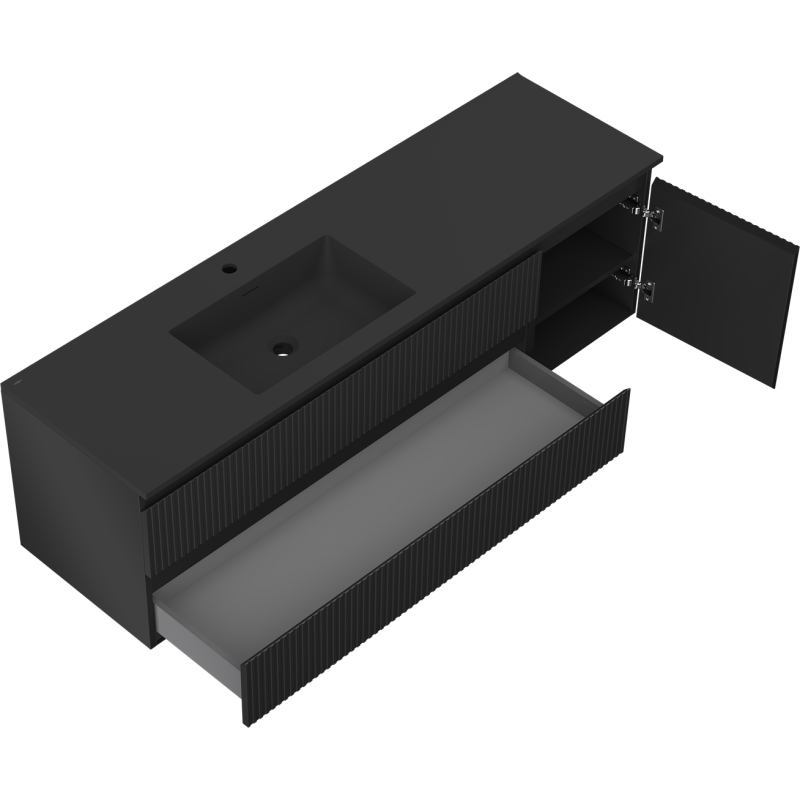 Mexen Rivel fürdőszobaszekrény 160 cm Otis bal oldali mosdóval, 2S, 1D, bordázott, fekete matt - 91A23-16047-3-BBFFF71-W18L71