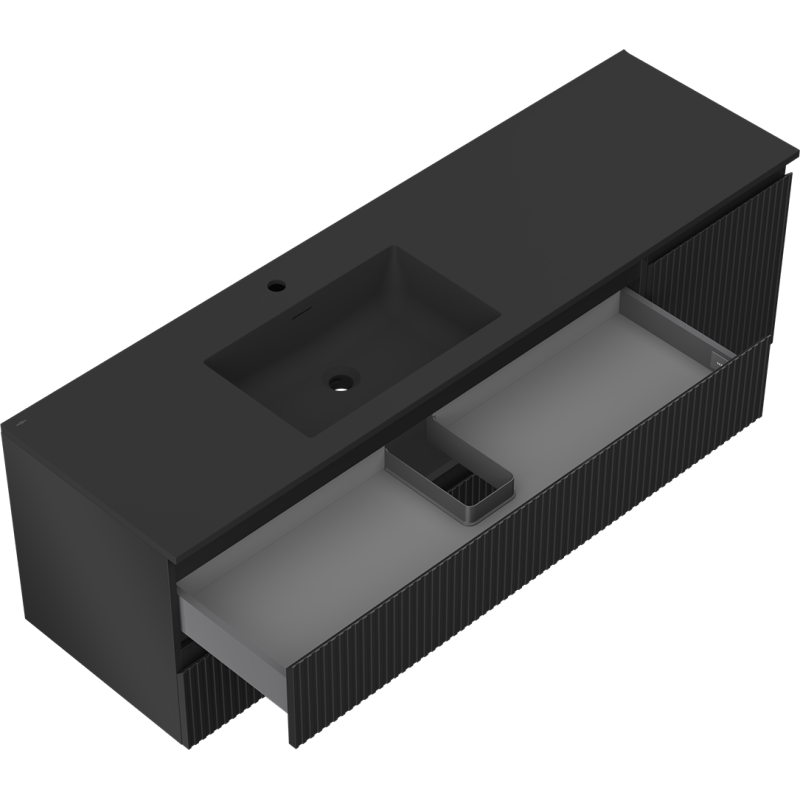 Mexen Rivel fürdőszobaszekrény 160 cm Otis bal oldali mosdóval, 2S, 1D, bordázott, fekete matt - 91A23-16047-3-BBFFF71-W18L71