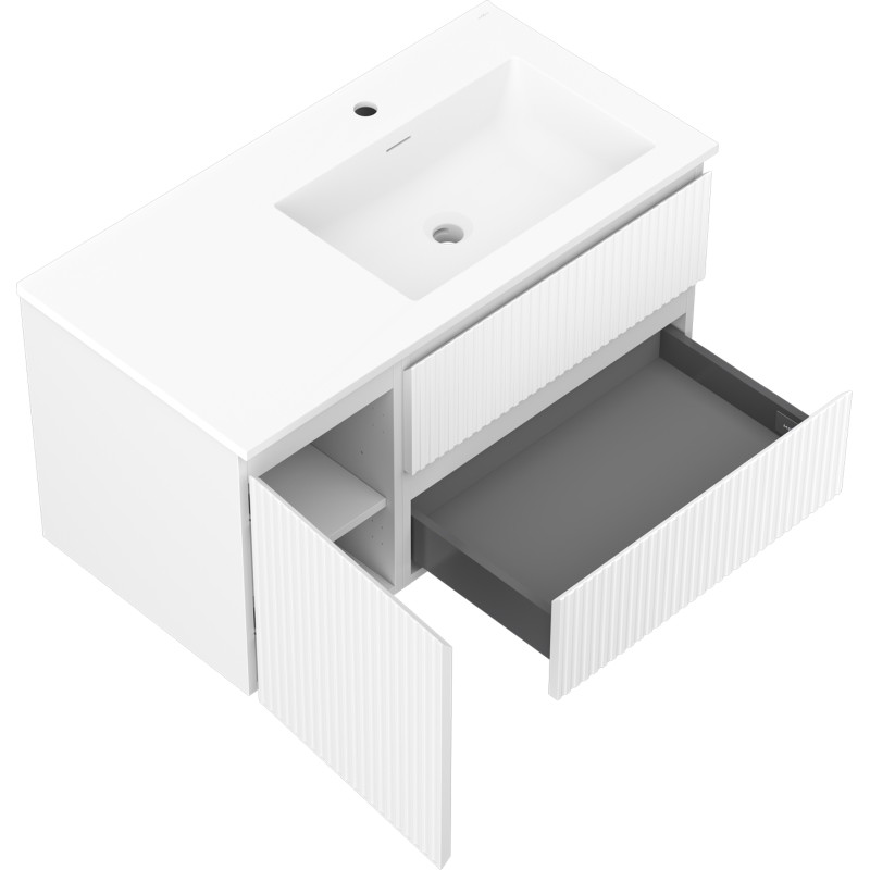 Mexen Rivel dulap pentru baie de 90 cm cu lavoar Otis dreapta, 2S, 1D, cu caneluri, alb mat - 91A23-09047-3-BBFFF01-W18P01