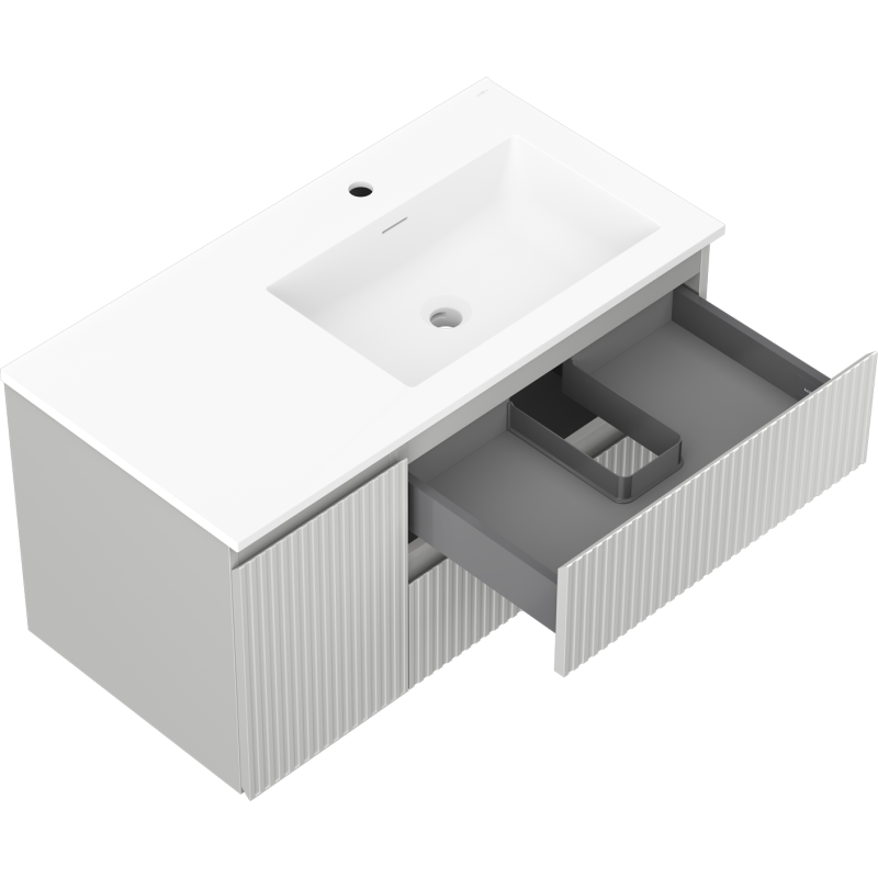 Mexen Rivel 90 cm-es Otis fürdőszobaszekrény jobboldali mosdóval, 2 fiók, 1 ajtó, bordázott, matt szürke/matt fehér
