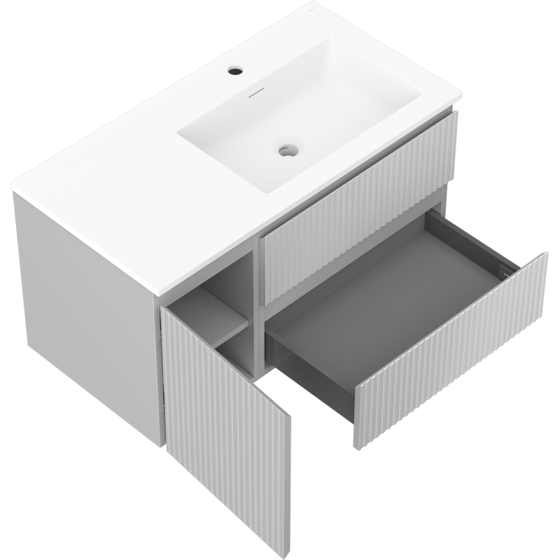 Mexen Rivel 90 cm-es Otis fürdőszobaszekrény jobboldali mosdóval, 2 fiók, 1 ajtó, bordázott, matt szürke/matt fehér