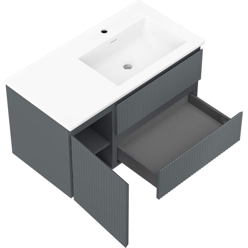 Mexen Rivel dulap de baie de 90 cm cu chiuvetă Otis pe dreapta, 2S, 1D, cu riflaje, grafit/alb mat