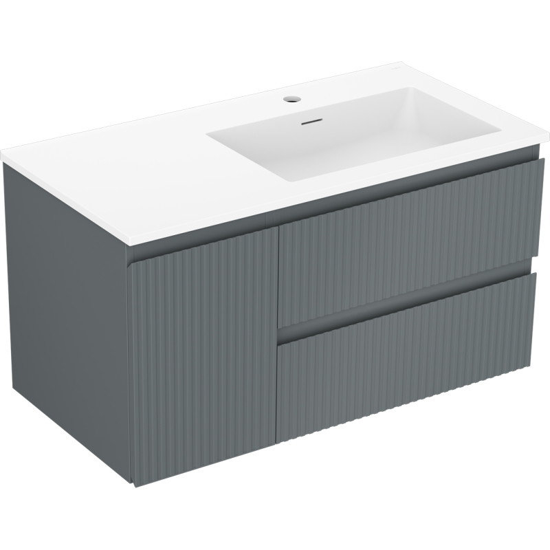 Mexen Rivel dulap de baie de 90 cm cu chiuvetă Otis pe dreapta, 2S, 1D, cu riflaje, grafit/alb mat