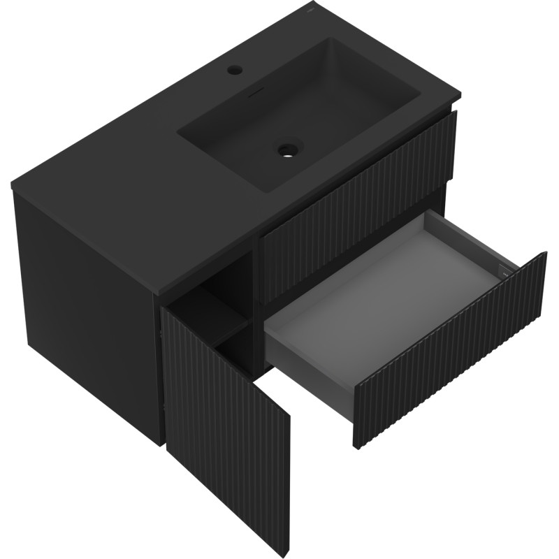 Mexen Rivel dulap baie 90 cm cu chiuvetă Otis dreapta, 2S, 1D, canelat, negru mat - 91A23-09047-3-BBFFF71-W18P71