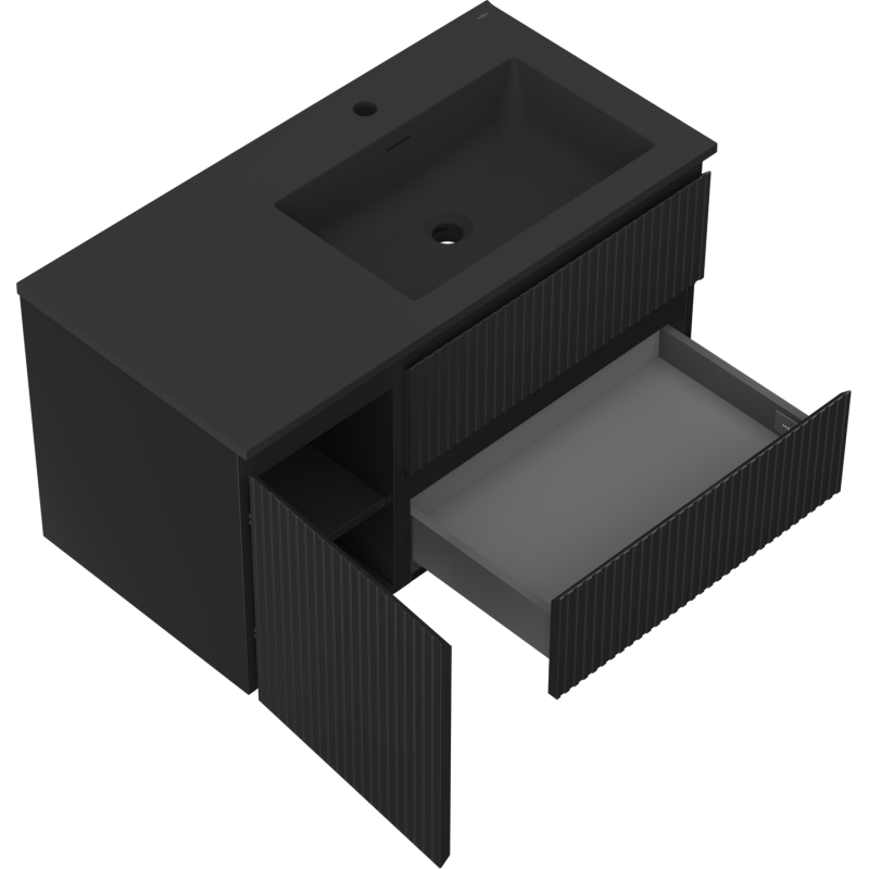 Mexen Rivel dulap baie 90 cm cu lavoar Otis dreapta, 2S, 1D, canelat, negru mat - 91A23-09047-3-BBFFF71-W18P71