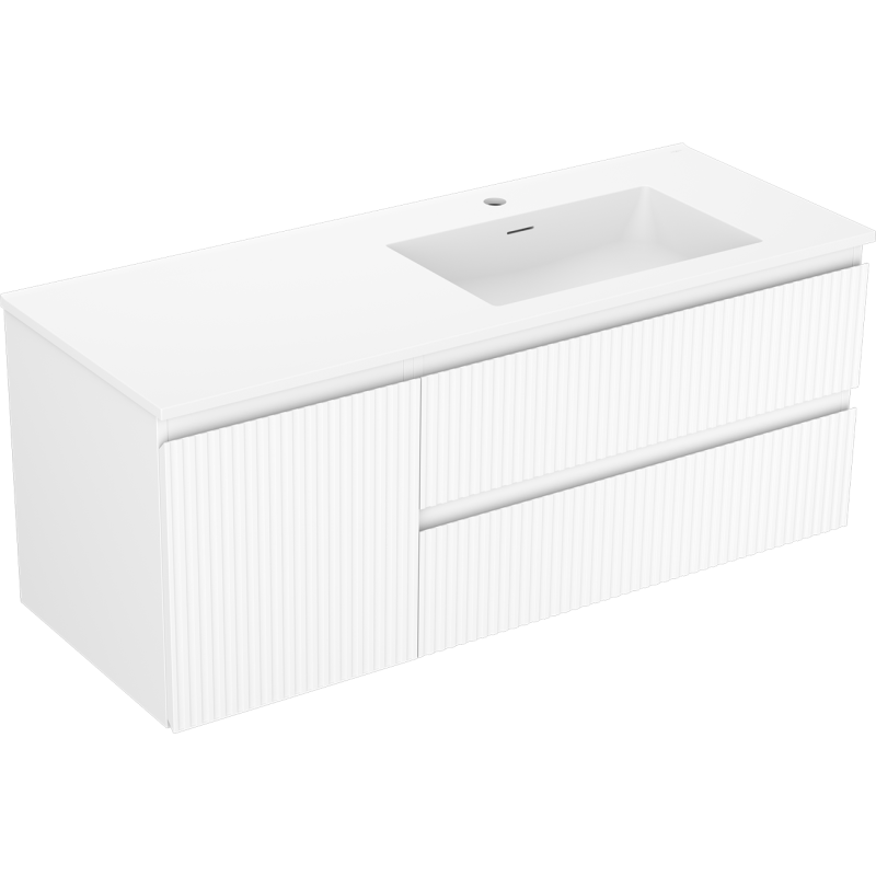 Mexen Rivel 120 cm-es Otis fürdőszobaszekrény jobb oldali mosdóval, 2S, 1D, bordázott, matt fehér