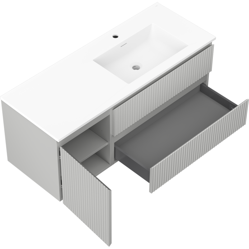 Mexen Rivel 120 cm-es Otis fürdőszobai szekrény mosdóval, jobb oldali, 2S, 1D, redőzött, szürke/fehér matt