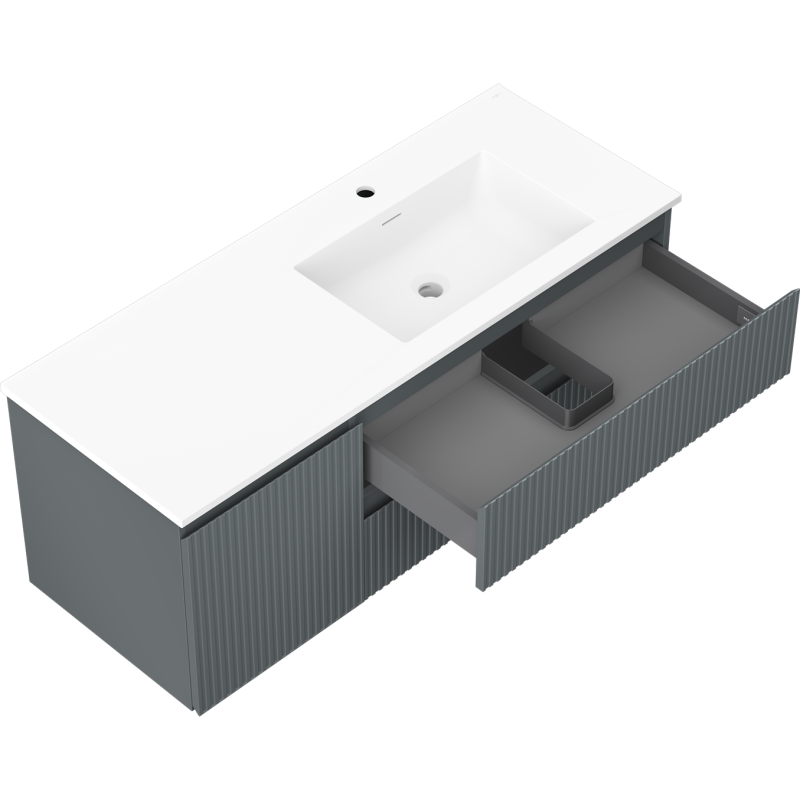 Mexen Rivel 120 cm-es Otis fürdőszobaszekrény mosdókagylóval, jobb oldali, 2 fiók, 1 ajtó, barázdált, grafit/fehér