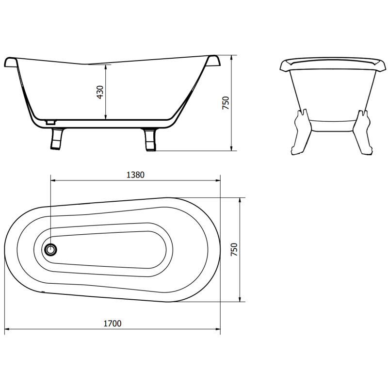 Mexen Retro cadă de baie freestanding 170 x 75 cm, albă, picioare cromate - 53251707500-00