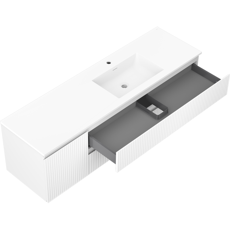 Mexen Rivel 160 cm-es fürdőszobai szekrény Otis mosdóval, jobb, 2 fiók, 1 ajtó, bordázott, matt fehér